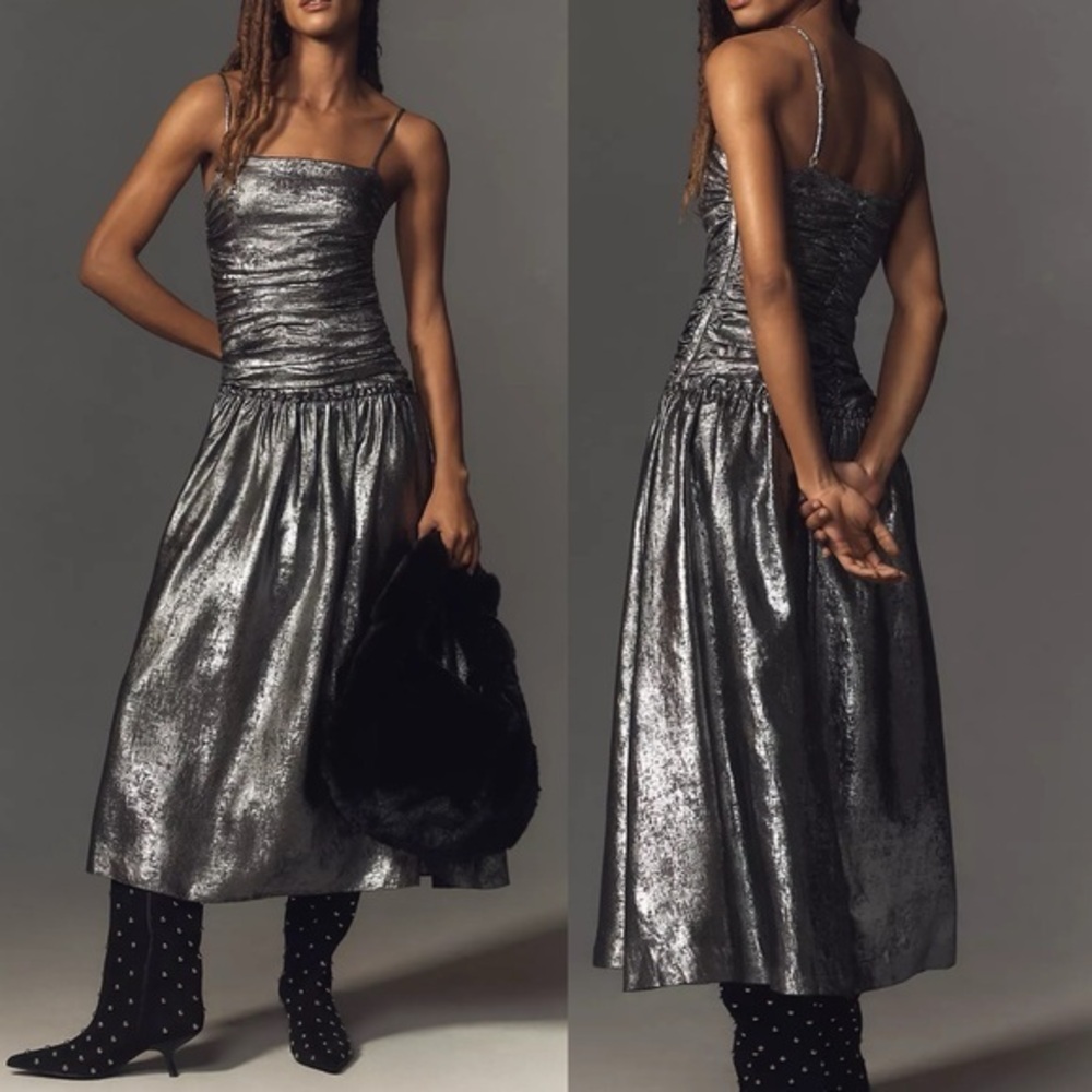 Anthropologie Metallic Silver Drop Waist Foil Midi Dress